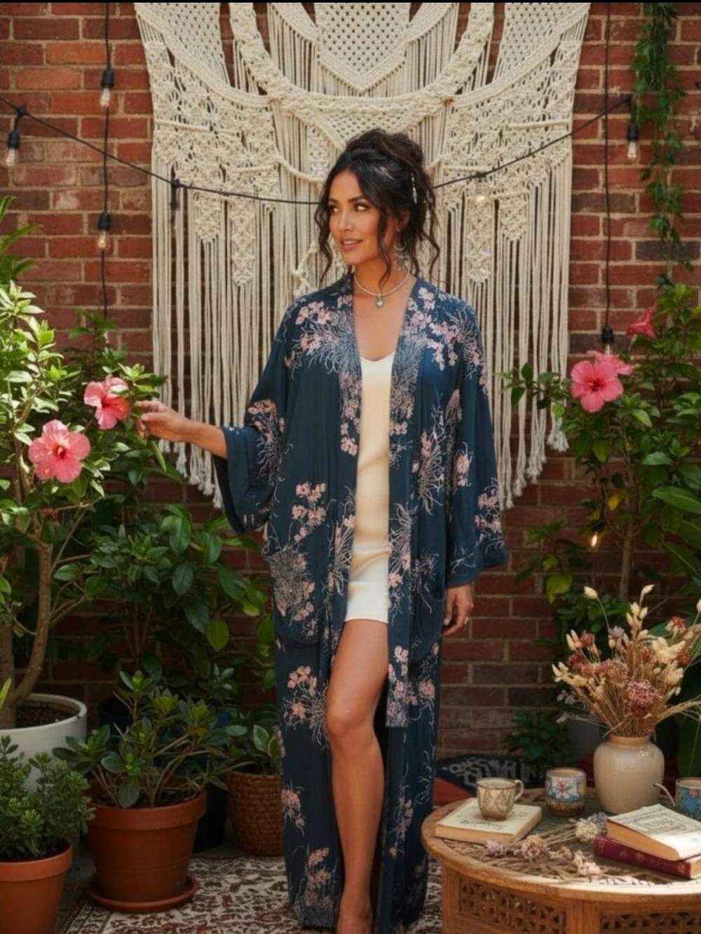 Floral Navy Long Kimono Robe - Women's Intimates & Sleepwear